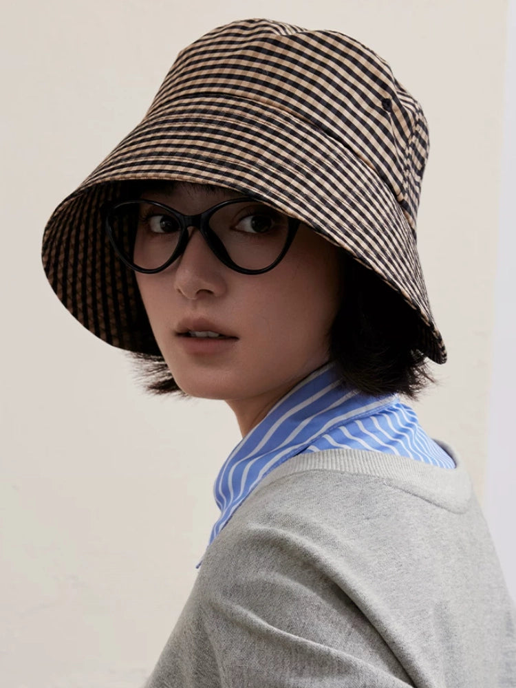 Women's black coffee plaid wide brim bucket hat with vintage check pattern