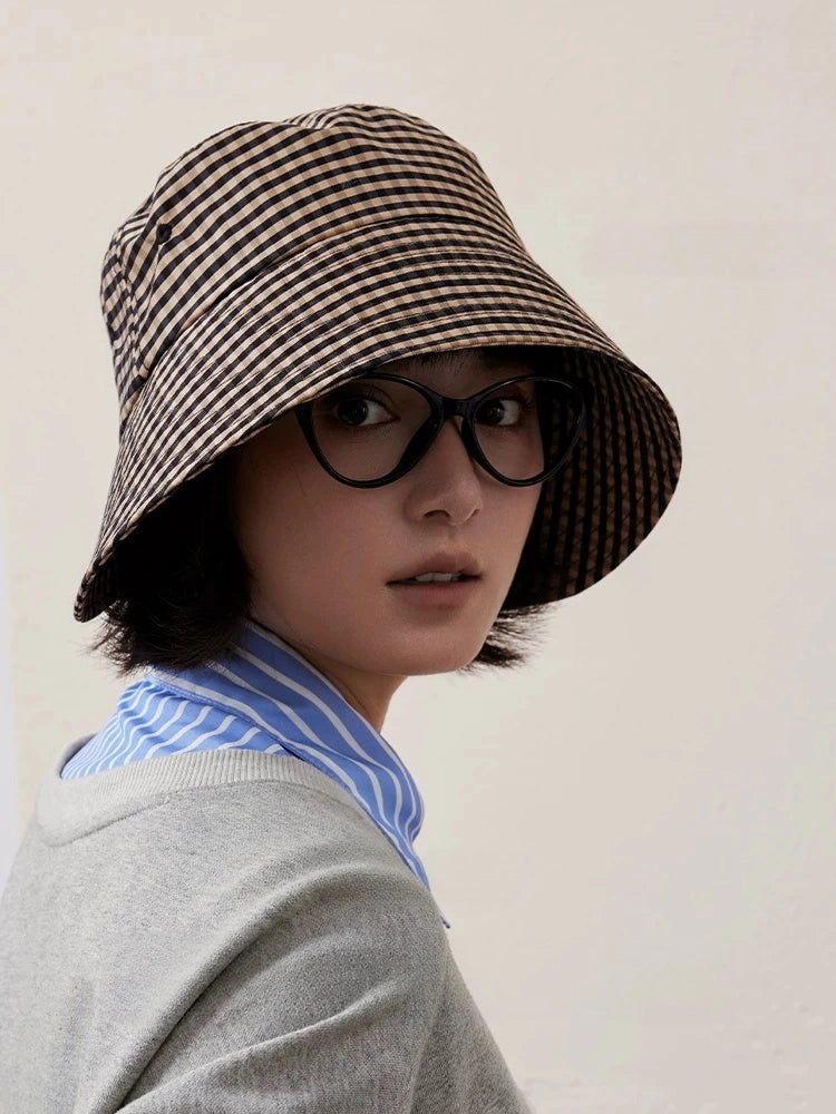 Black coffee plaid sun hat for women with wide brim and casual urban styling