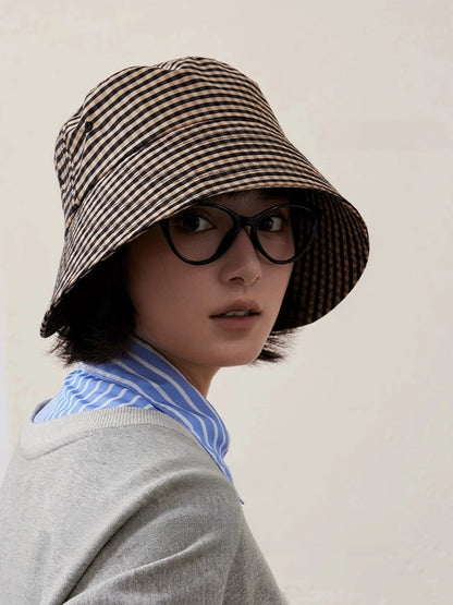 Black coffee plaid sun hat for women with wide brim and casual urban styling