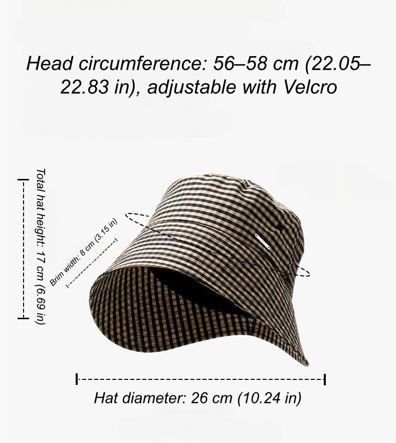 Women's plaid ponytail bucket hat size guide with adjustable 56–58 cm fit and wide brim