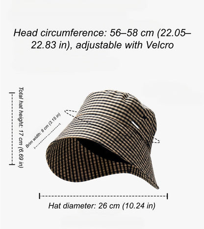 Women's plaid ponytail bucket hat size guide with adjustable 56–58 cm fit and wide brim