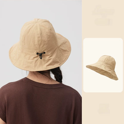 Rear view of a khaki wide brim bucket hat with an adjustable drawstring, alongside a matching product inset.