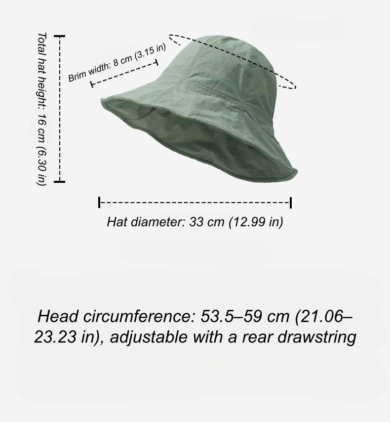 Women's bucket hat size guide: adjustable 53.5–59 cm head circumference, 16 cm height, 33 cm diameter and 8 cm brim.