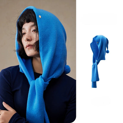 Women's royal blue wool hooded scarf styled with a navy top, with product detail view