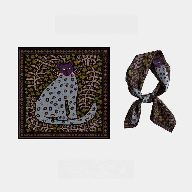 Woodland brown and plum mulberry silk square scarf with an illustrated leopard, shown flat and tied